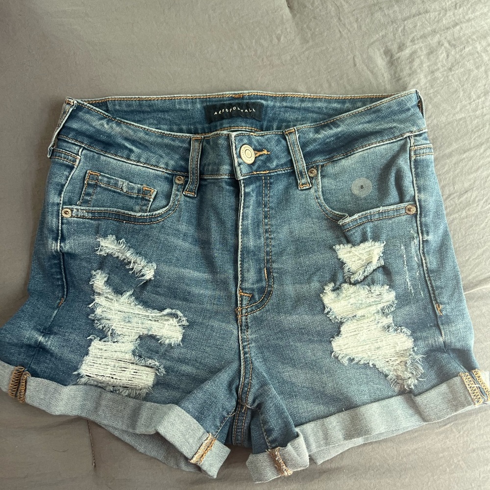Aeropostale high rise midi blue wash ripped shorts